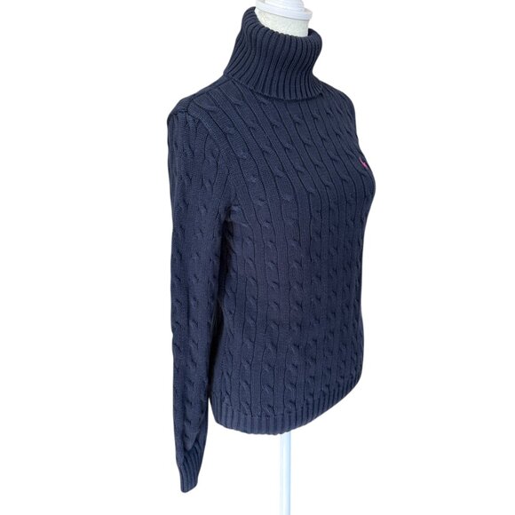 Ralph Lauren navy blue cable knit pullover turtleneck sweater - Picture 2 of 6